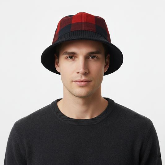 Korean Hybrid Bucket Hat | Red & Black Checkered Flannel with Knit Cuff