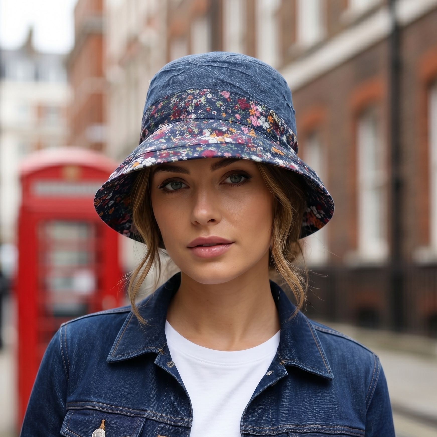 Thrifted Crinkle Denim Blue Sun Hat | Multi-Color Floral Print