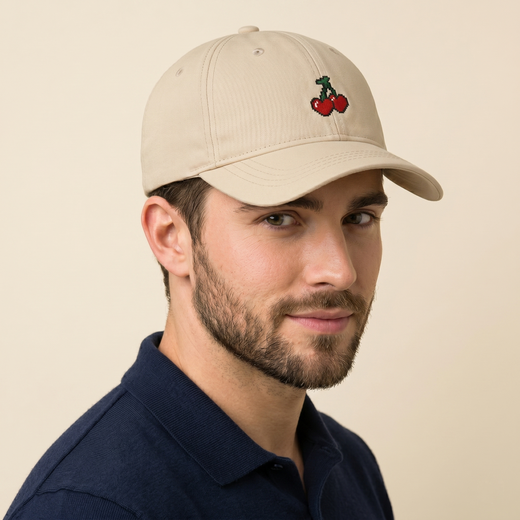 Pixel Cherry Embroidered Dad Hat - Beige Low Profile Cotton Cap