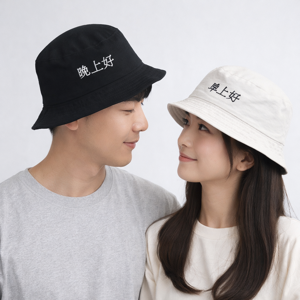 Reversible Black & White Bucket Hat - Chinese Embroidery Design