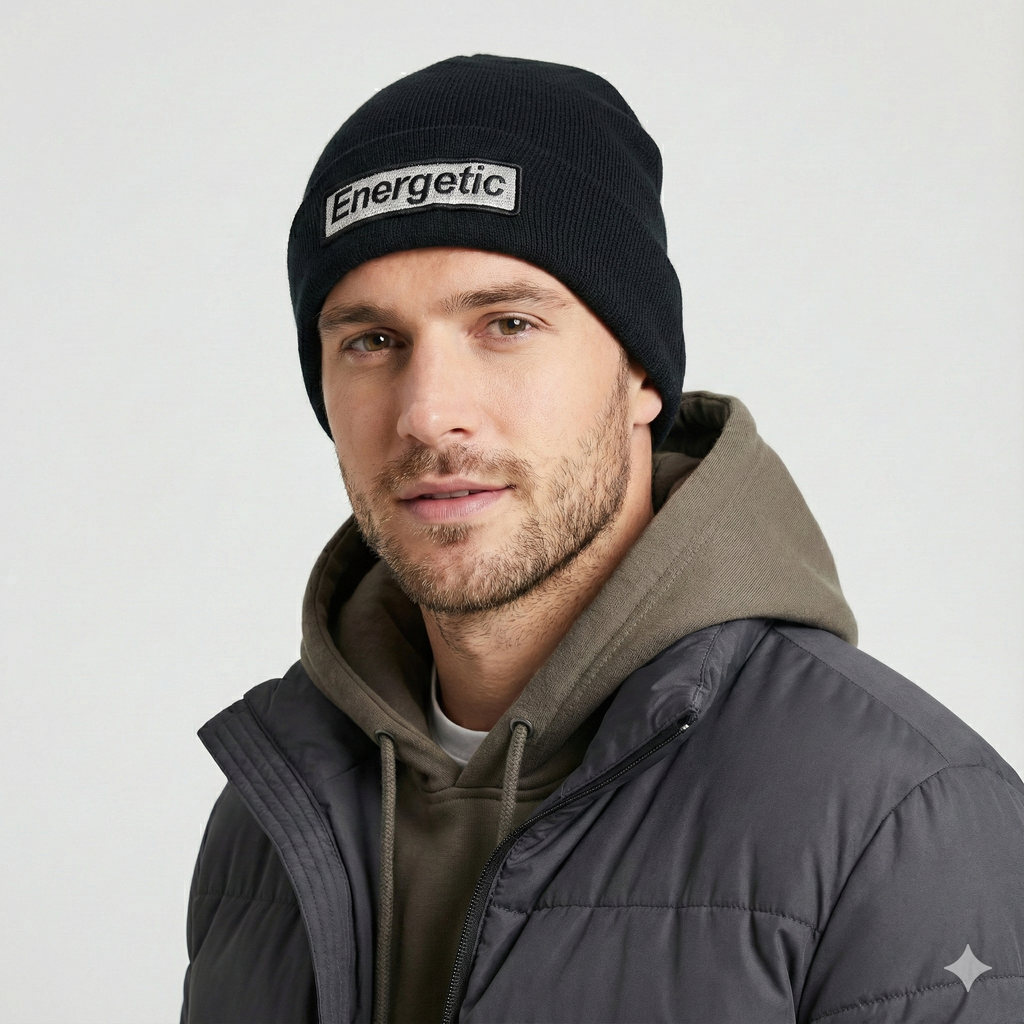 Black "Energetic" Patch Beanie | Silver Embroidery Streetwear Hat | K-Pop Style