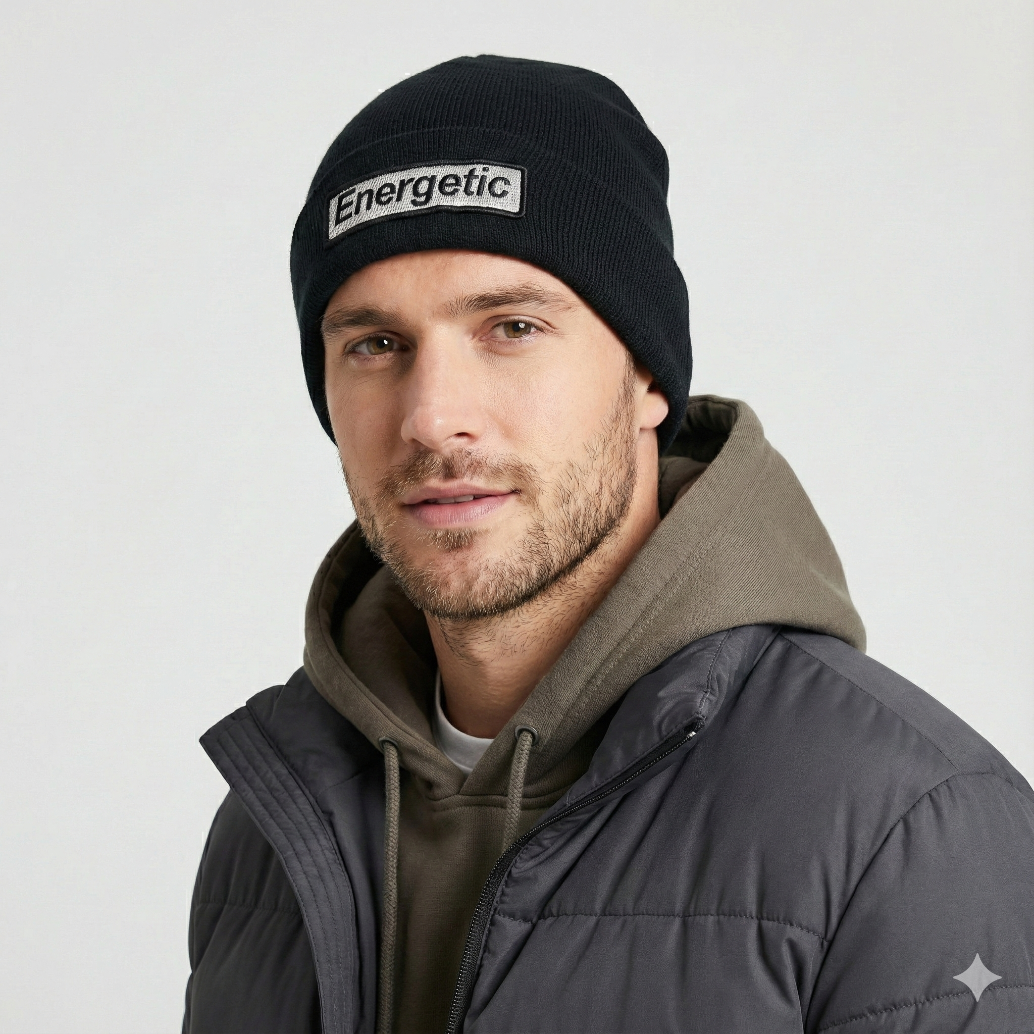Black "Energetic" Patch Beanie | Silver Embroidery Streetwear Hat | K-Pop Style
