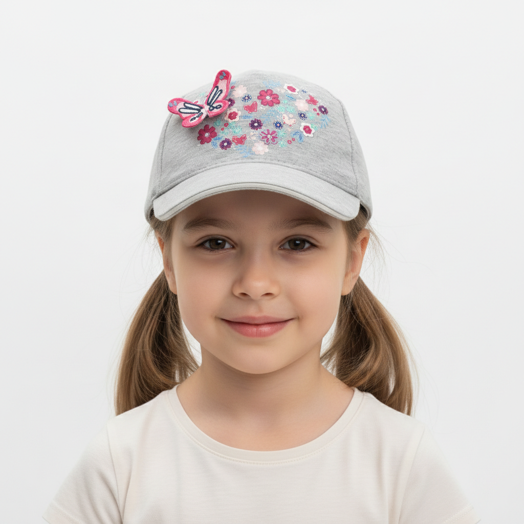 Girls' Grey Floral Butterfly Cap | Dopodopo 5-8 Years | Thrifted Summer Hat