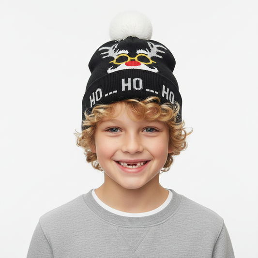 Festive Christmas "Ho Ho Ho" Beanie – Black & White Holiday Knit Hat