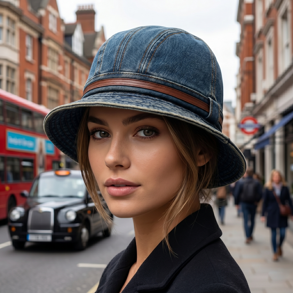 Vintage Washed Denim Bucket Hat with Leather Accent Strap | 57cm
