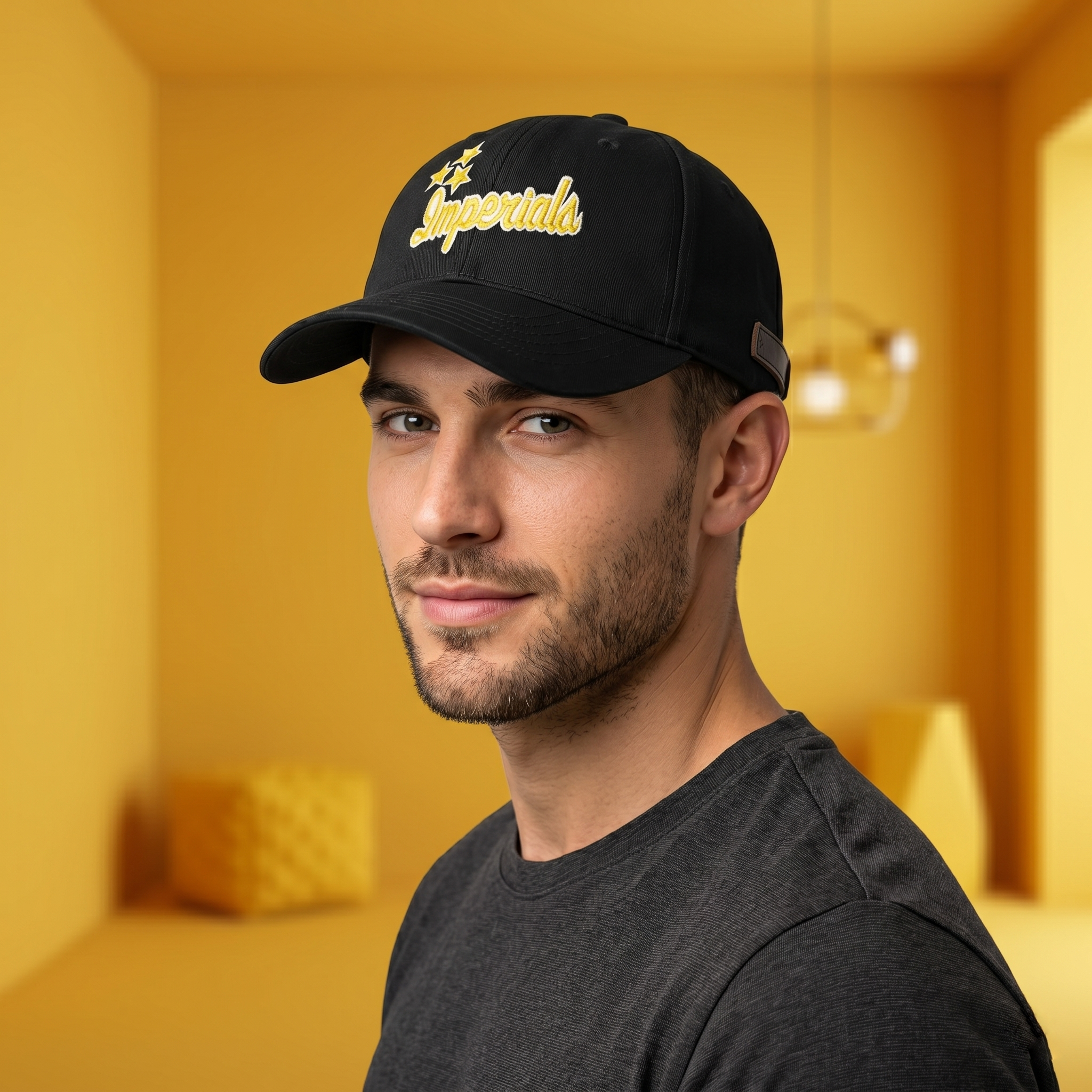 Thrifted Imperials Stars Graphic Snapback Hat - Black & Yellow