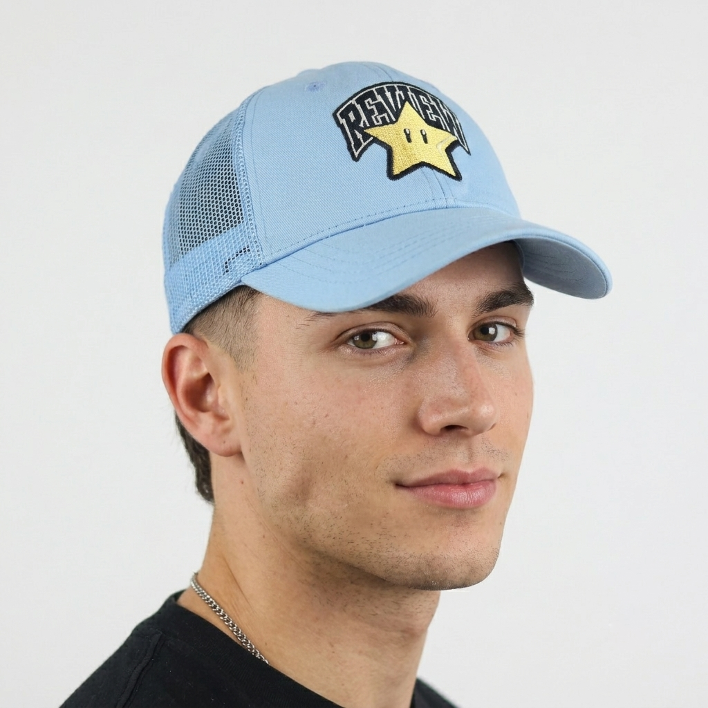 Thrifted Review Light Blue Star Graphic Mesh Snapback Cap | 10790