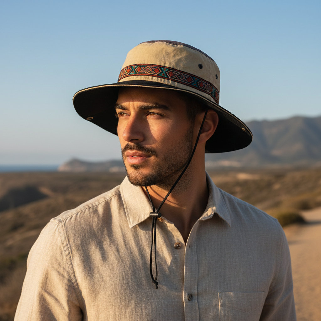 Vintage Explorer Wide Brim Safari Thrifted Hat – Khaki & Black Boonie Hat