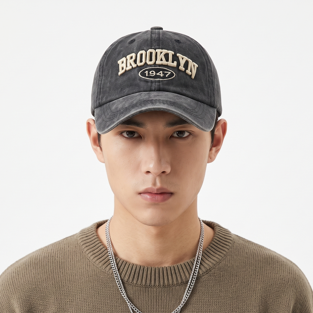 Retro Brooklyn Embroidered Graphic Cap - Acid Wash Charcoal Sport Hat