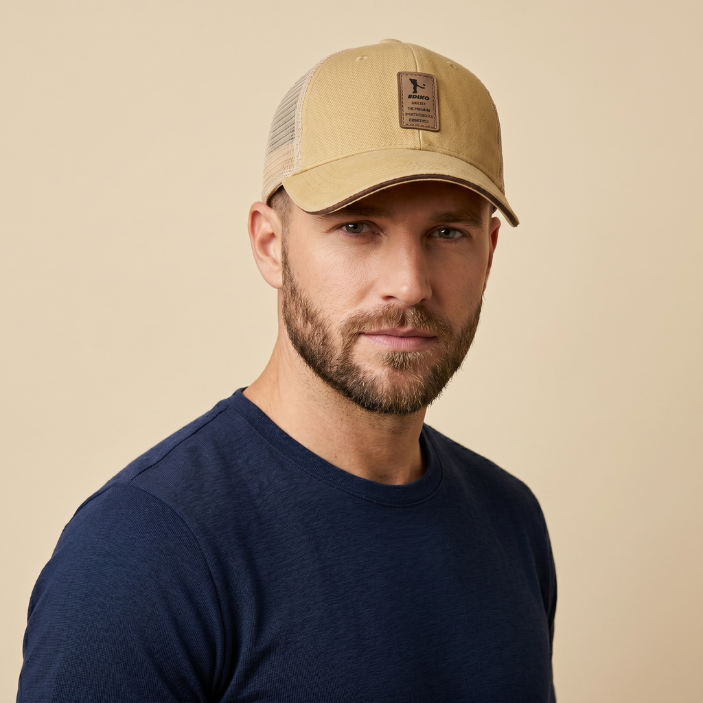 Ediko Embroidered Leather Patch Mesh Trucker Cap
