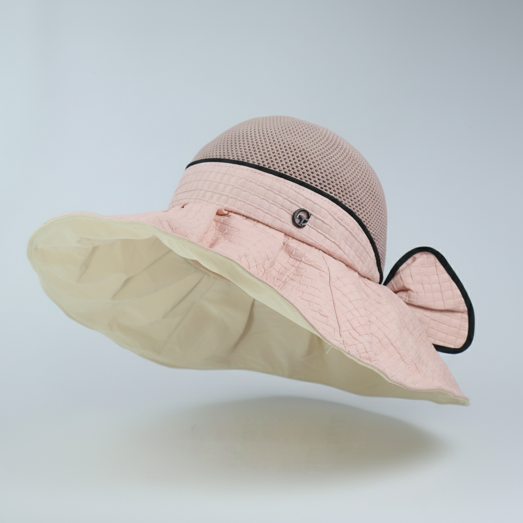 Wide Brim Sun Hat with Back Bow - Pink & Black Trim