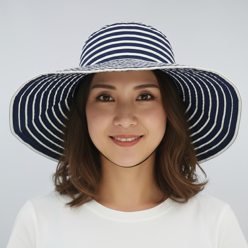 Floppy Striped Sun Hat with Bow - Navy & White