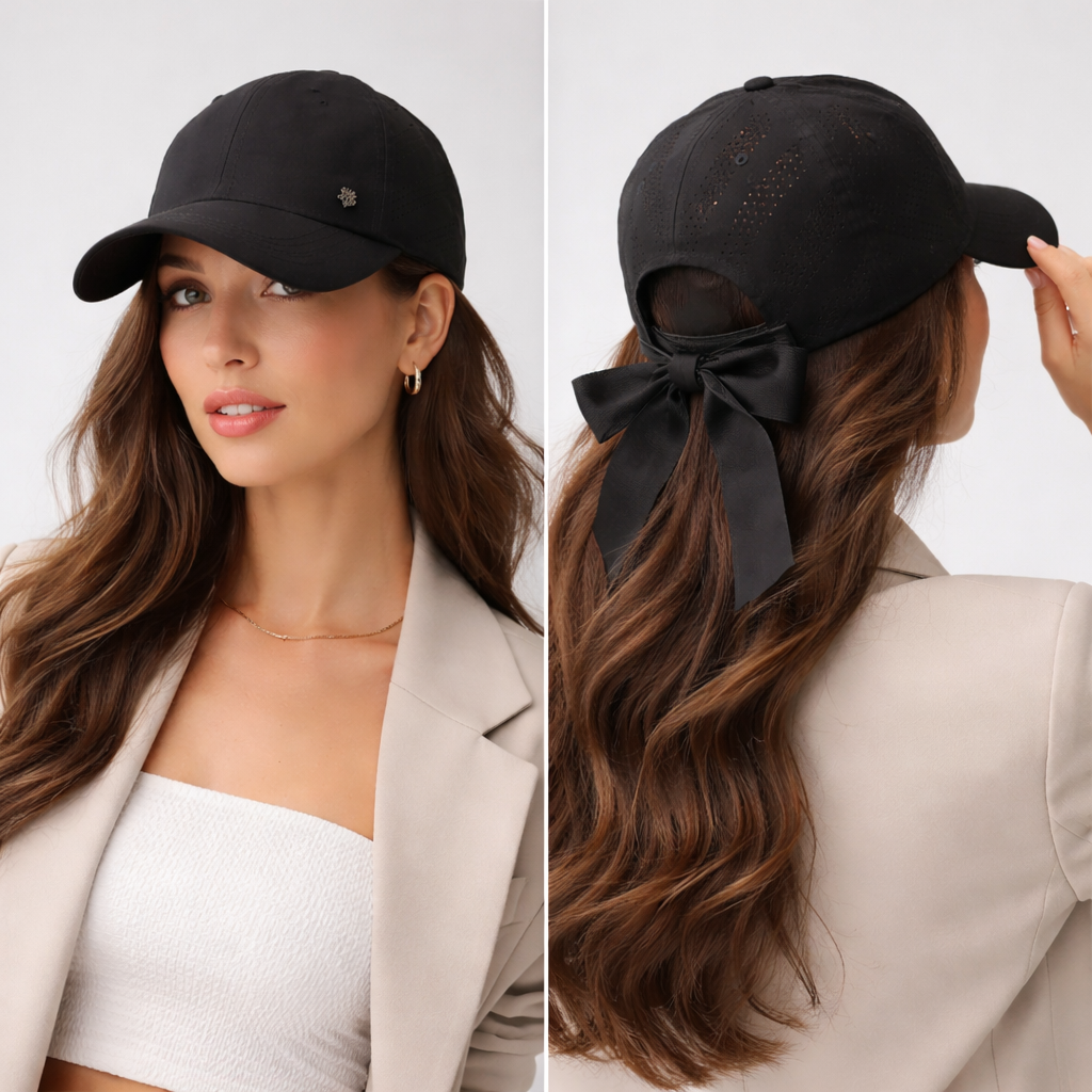 MQUM Black Laser-Cut Baseball Thrifted Cap with Detachable Chiffon Bow
