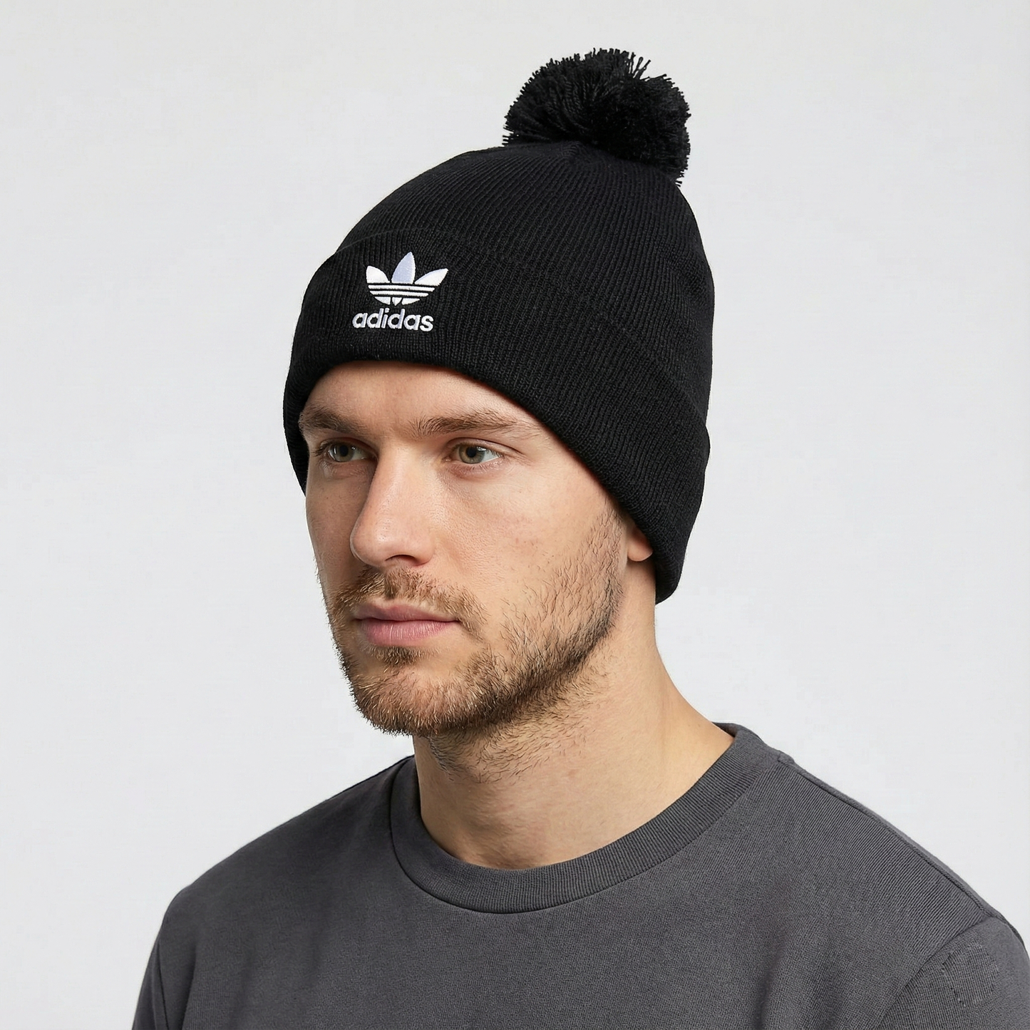 Adidas Originals Black Knit Pom Pom Thrifted Beanie with Trefoil Logo Patch
