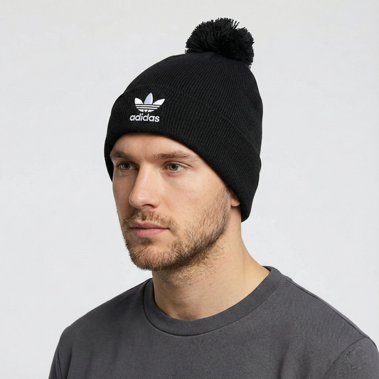 Adidas Originals Black Knit Pom Pom Thrifted Beanie with Trefoil Logo Patch