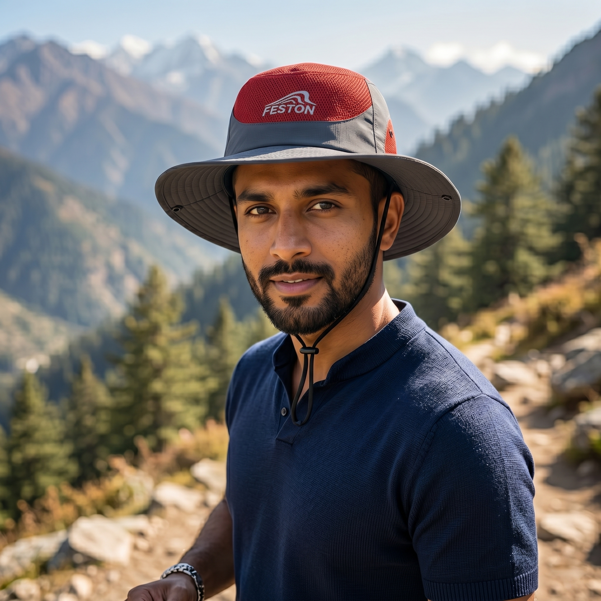 Feston Sport Breathable Safari Hat - Grey & Red Mesh Fisherman Cap