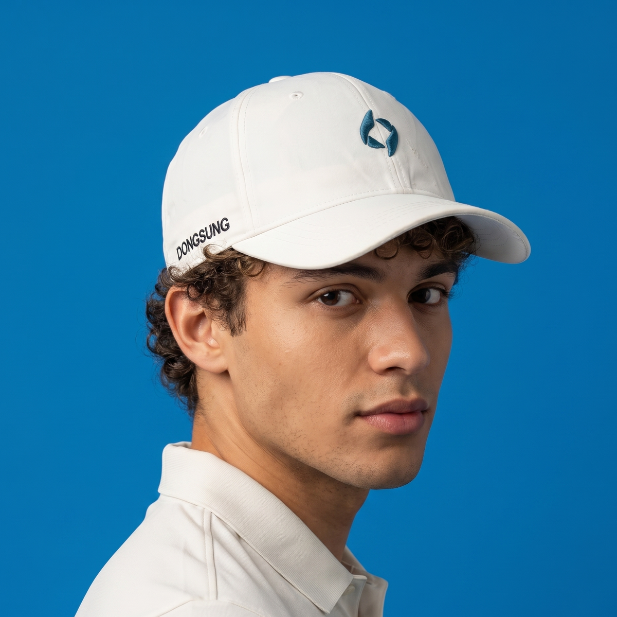 Thrifted Minimalist White "Dongsung" Teal Logo Strapback Cap | 10058