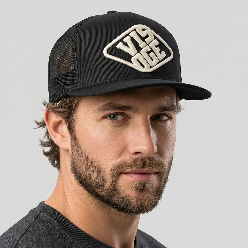 Visoge British Spirit Trucker Thrifted Hat - Black Snapback Cap with 3D Embroidery