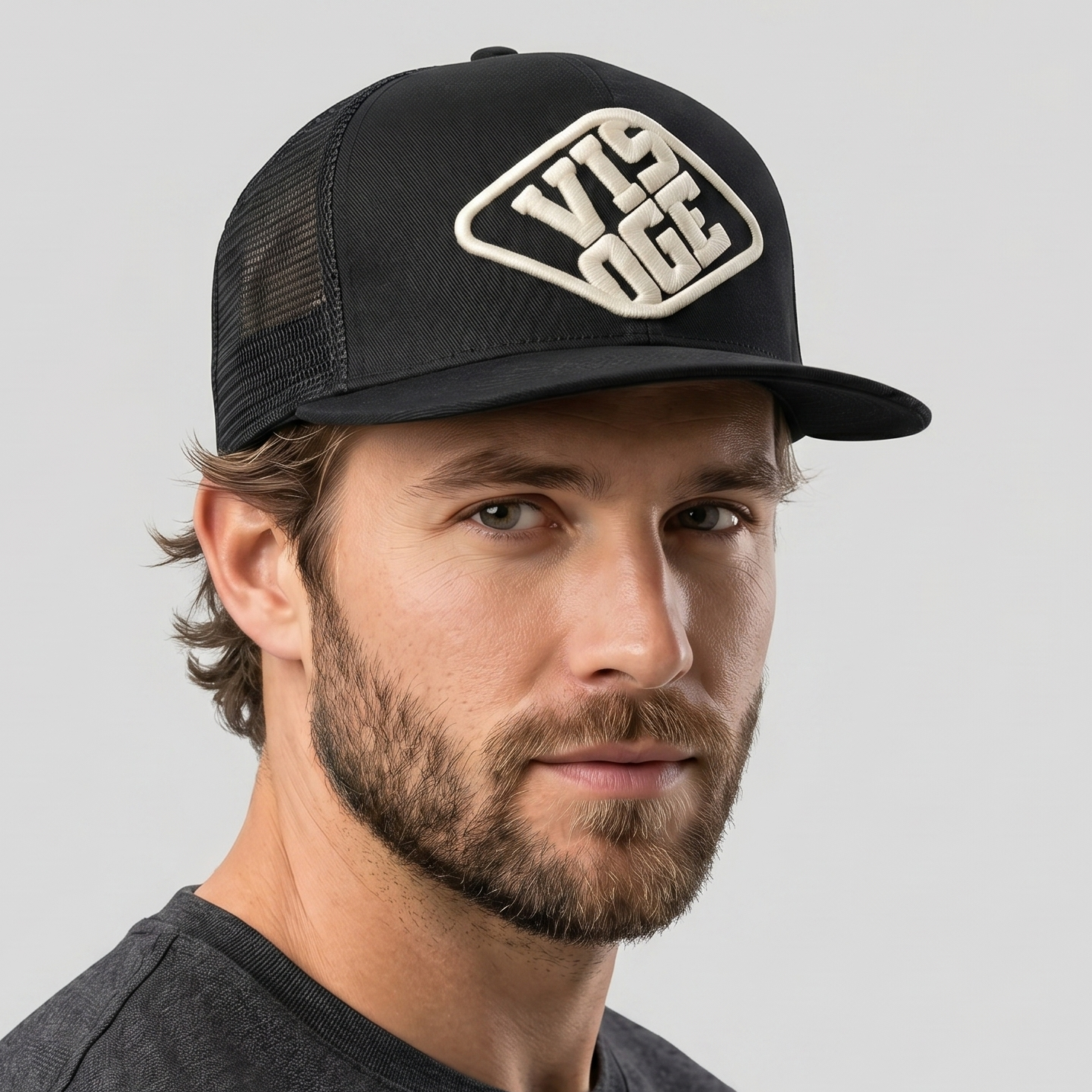 Visoge British Spirit Trucker Thrifted Hat - Black Snapback Cap with 3D Embroidery