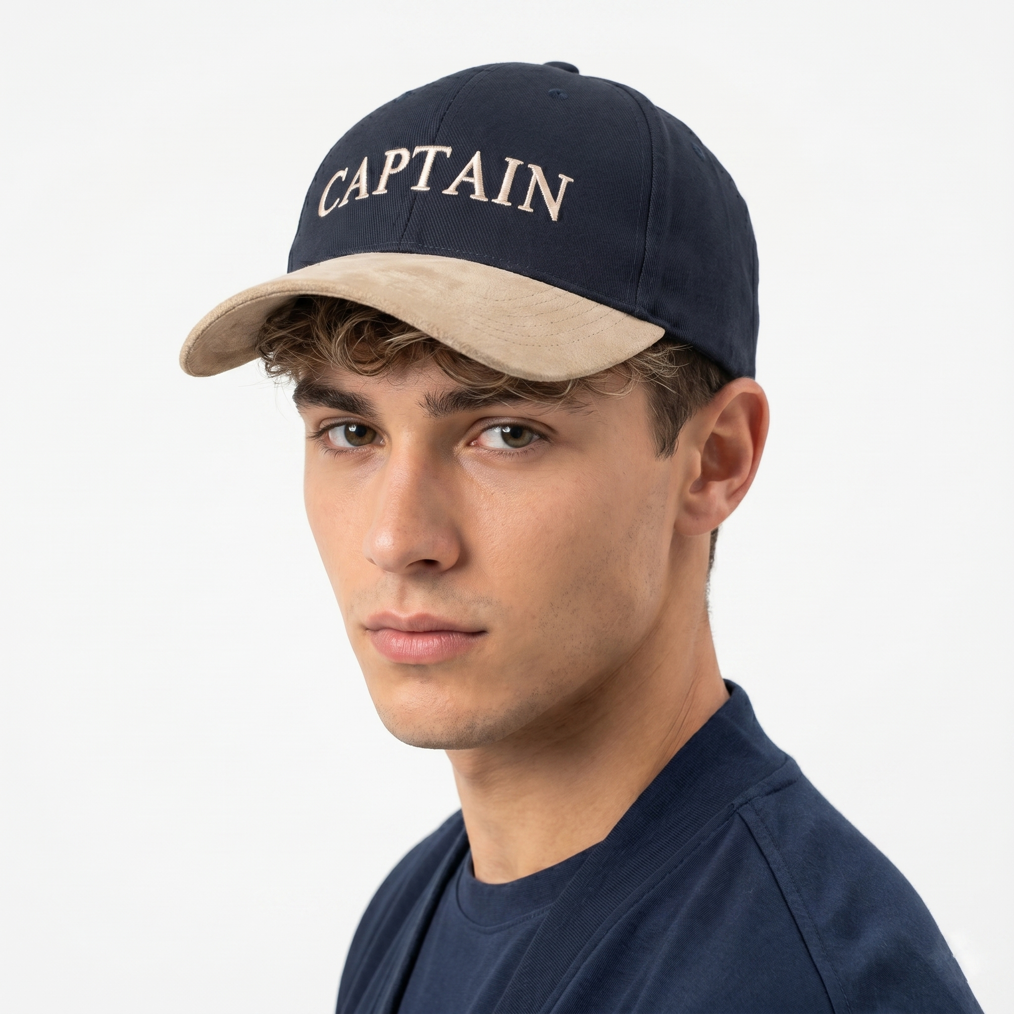 Thrifted Navy Blue Captain Hat with Faux Suede Visor | 56-58cm