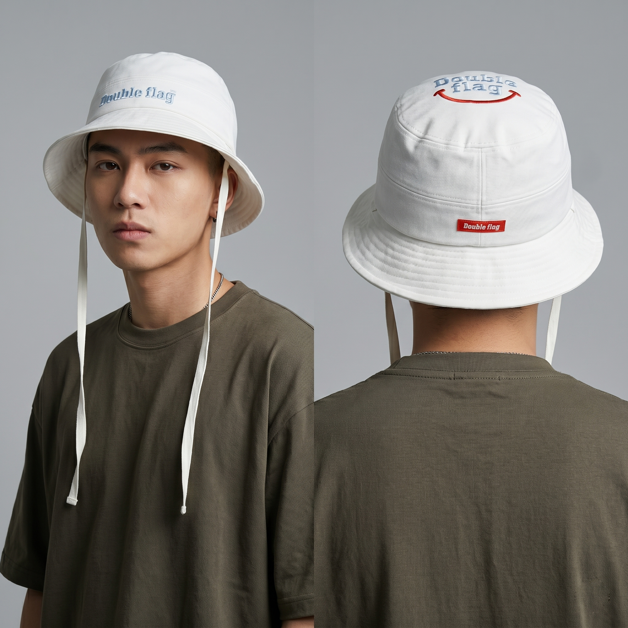 Thrifted Double Flag Spellout Bucket Hat with Adjustable Chin Straps