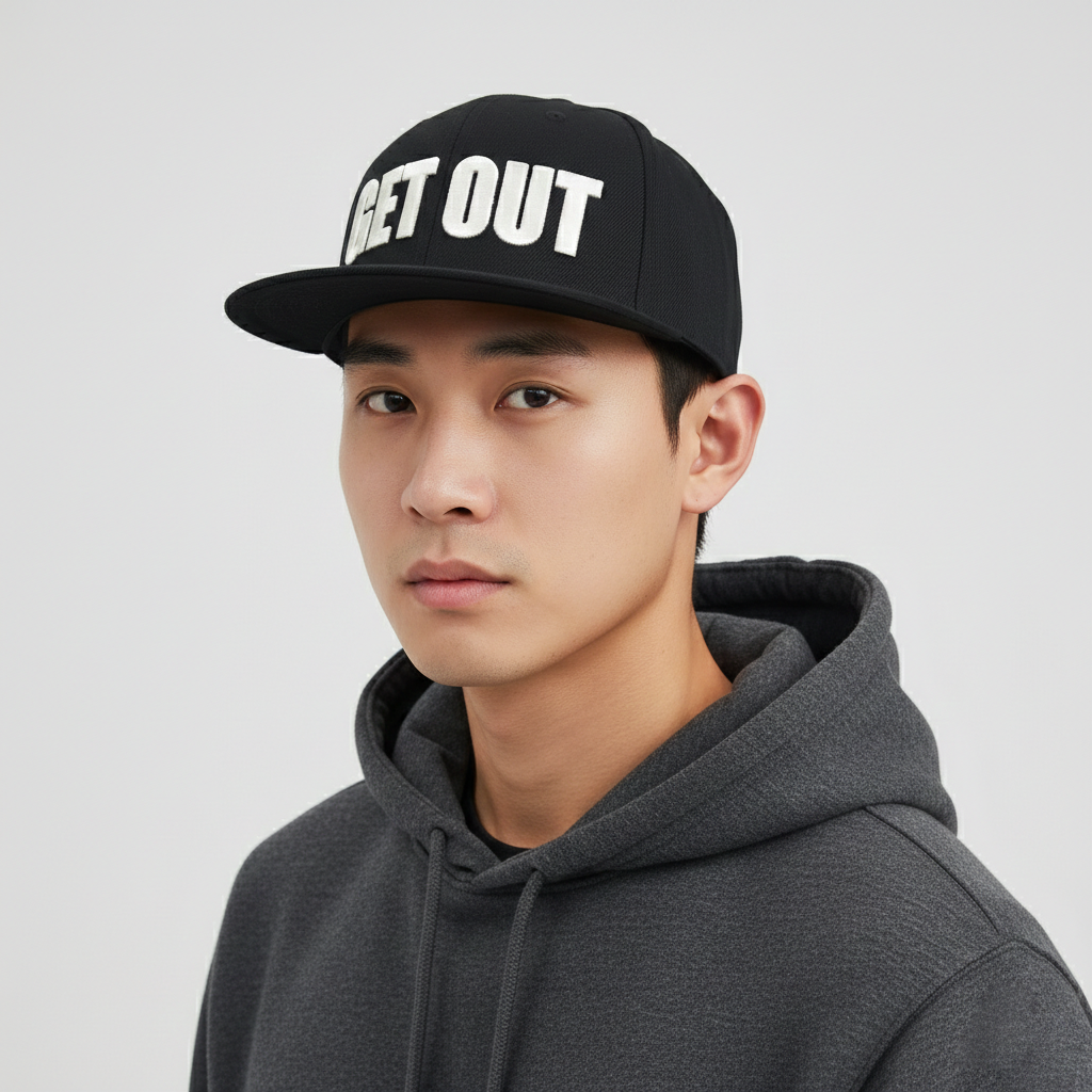 Vintage GET OUT Graphic Thrifted  Snapback - Black Flat Brim Hip-Hop Hat