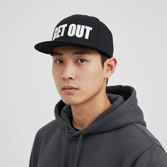 Vintage GET OUT Graphic Thrifted  Snapback - Black Flat Brim Hip-Hop Hat