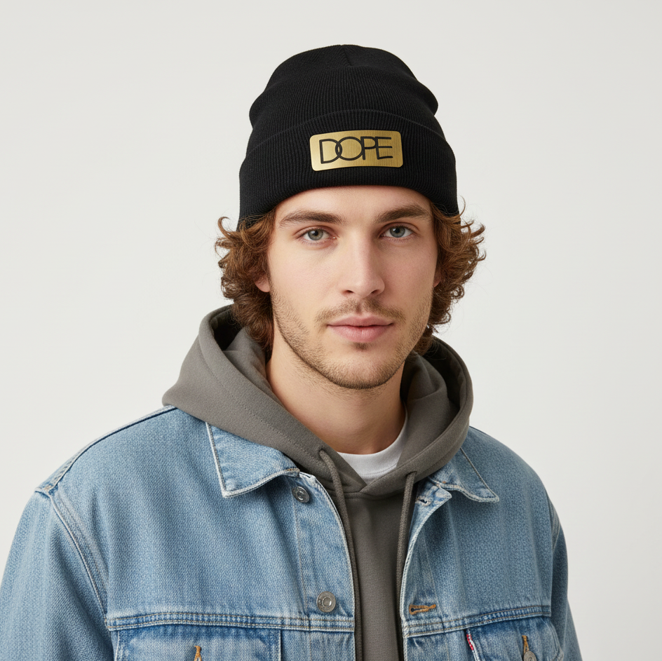 Dope Couture 24K Gold Logo Thrifted Beanie – Black Knit Streetwear Cap
