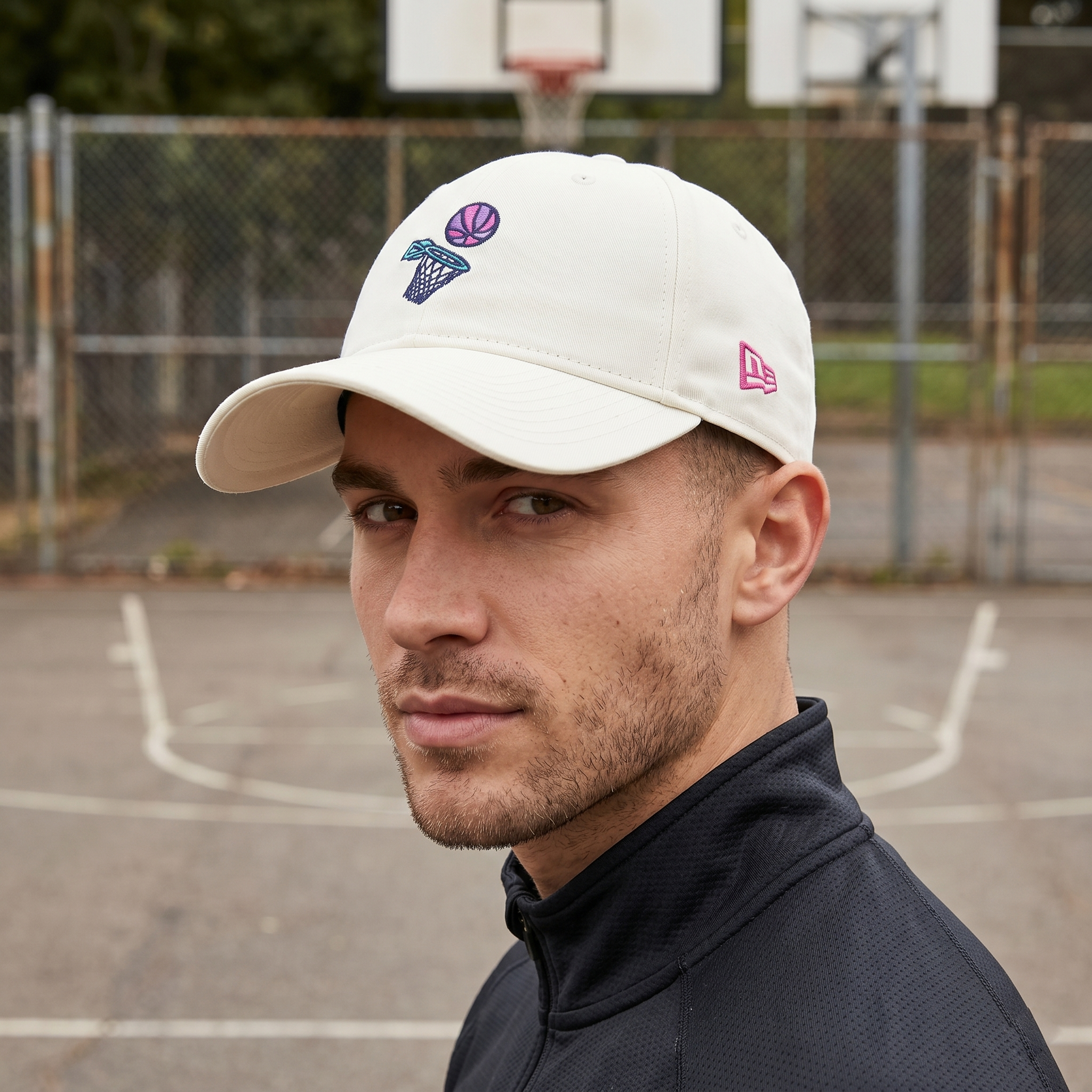 New Era 9FORTY Cream Basketball Hoop Embroidered Baseball Thrifted Cap