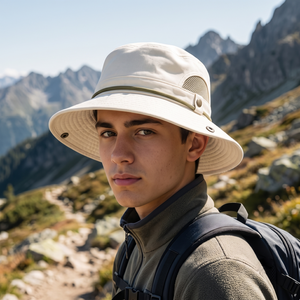 Thrifted Cream Cotton Outdoor Bush Hat with Chin Drawstring