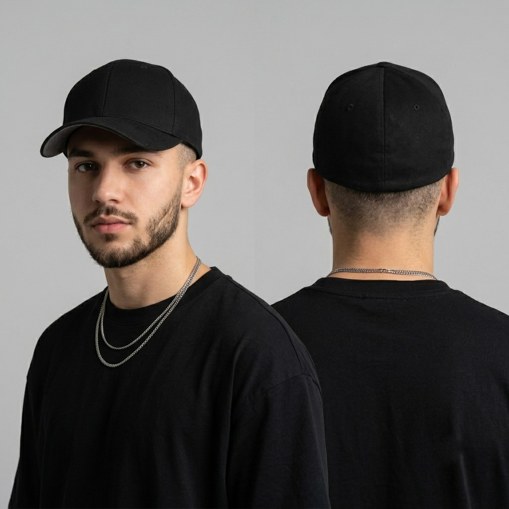 Thrifted Plain Black Flexfit Closed Back Curved Brim Cap| 10826