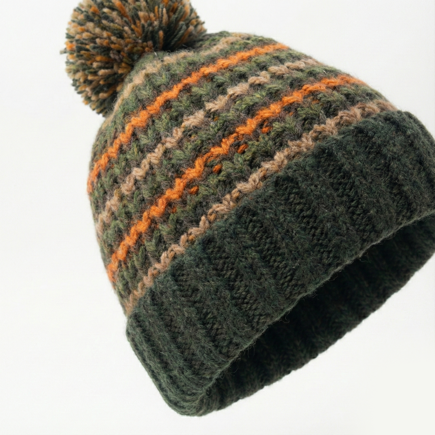 Made in Korea Zig-Zag Knit Beanie | Forest Green & Orange Pom Pom Hat | Retro Style