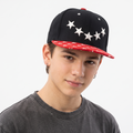 Streetwear Embroidered Star Snapback Cap - Black Crown with All-Over Printed Red Visor
