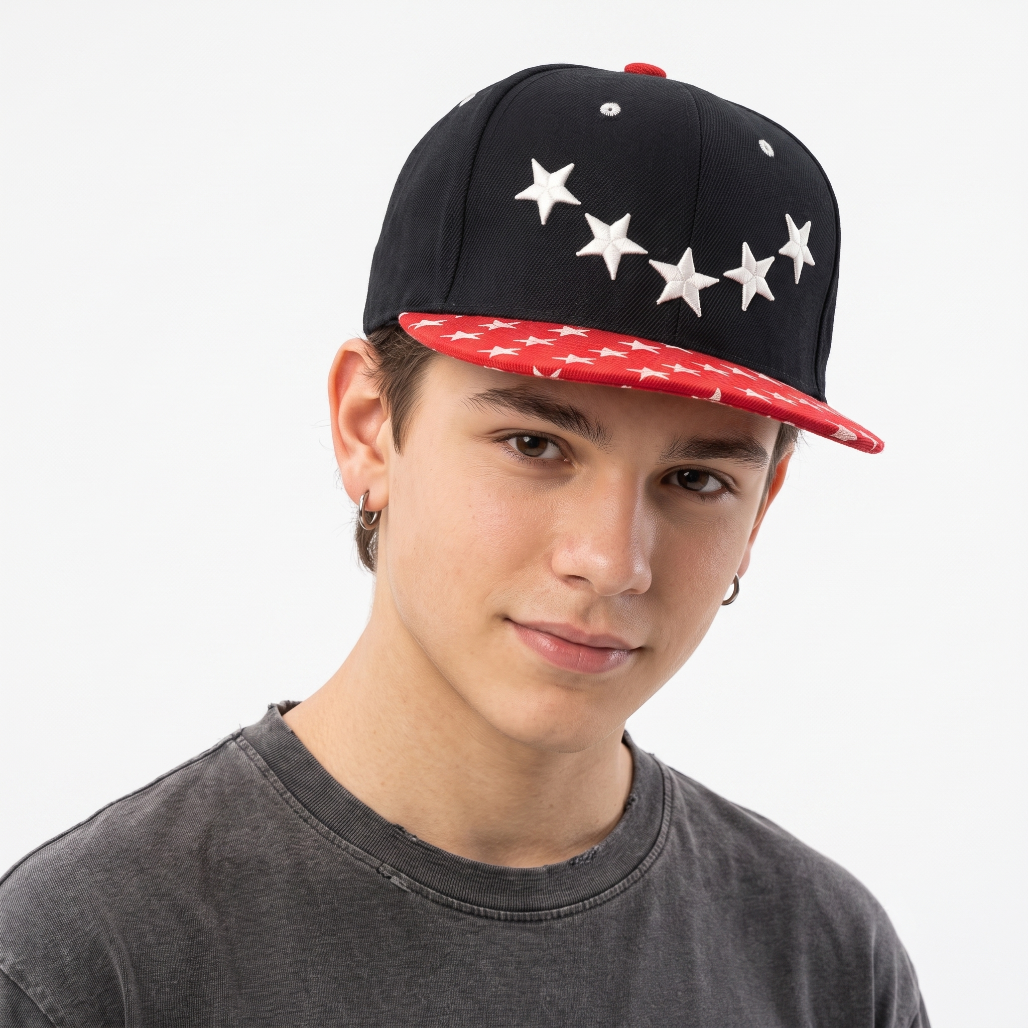 Streetwear Embroidered Star Snapback Cap - Black Crown with All-Over Printed Red Visor