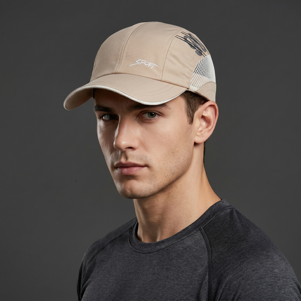 Smart Set "Sport" Embroidered Panel Hat - Beige Two-Tone Mesh Cap