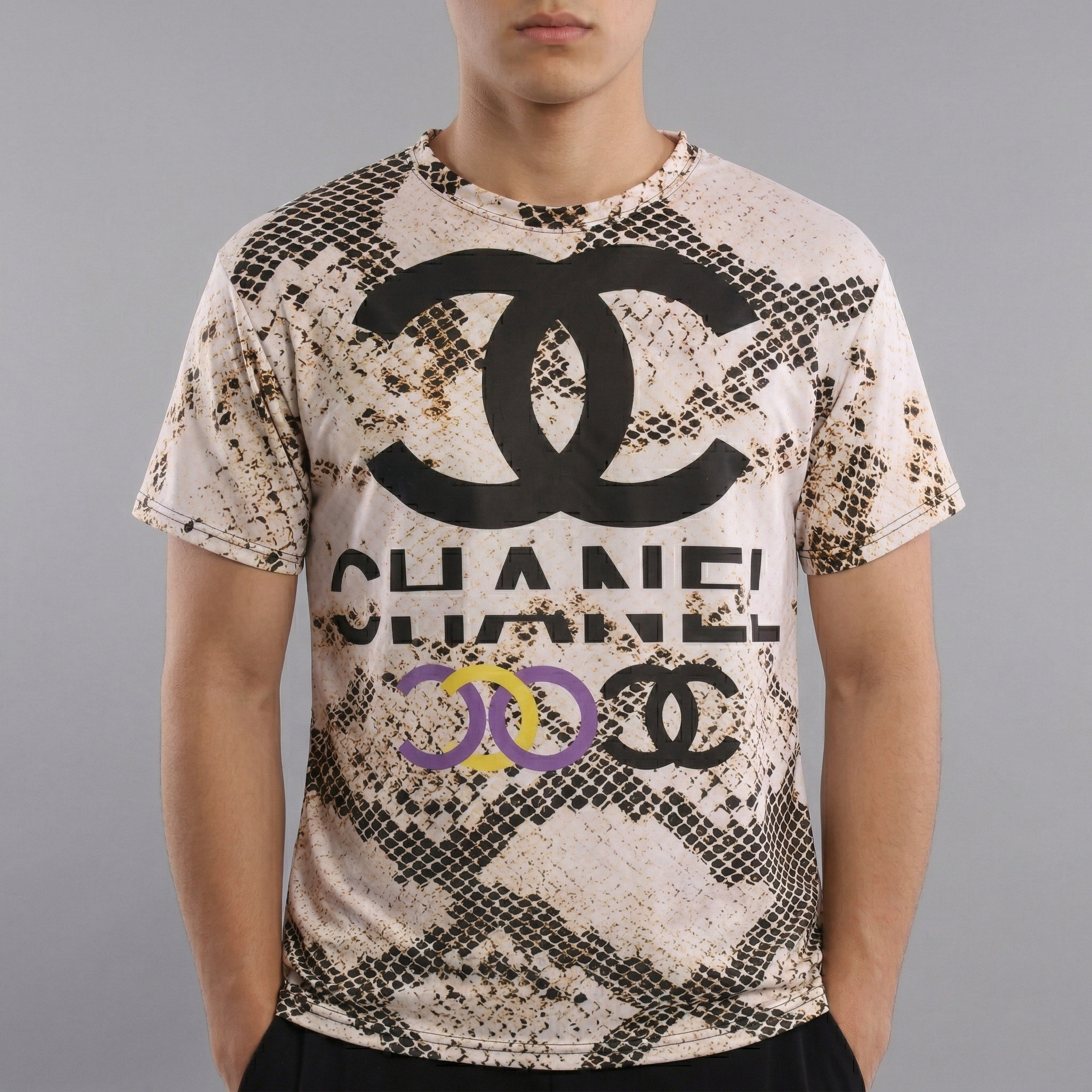Men’s Snakeskin Pattern Tee - Chanel Logo Print - Size L