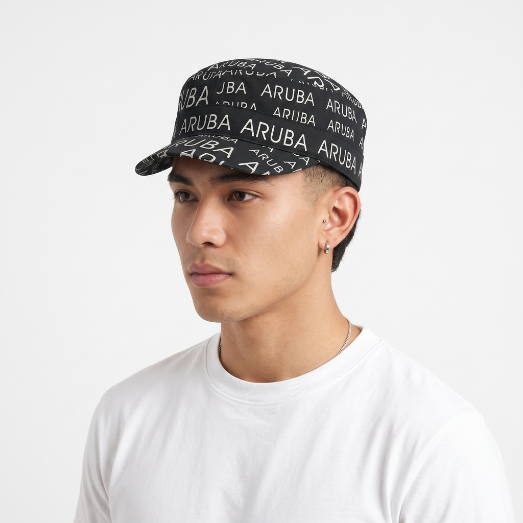 Vintage Robin Ruth Aruba Cadet Hat | Thrifted Black All-Over Print Military Cap