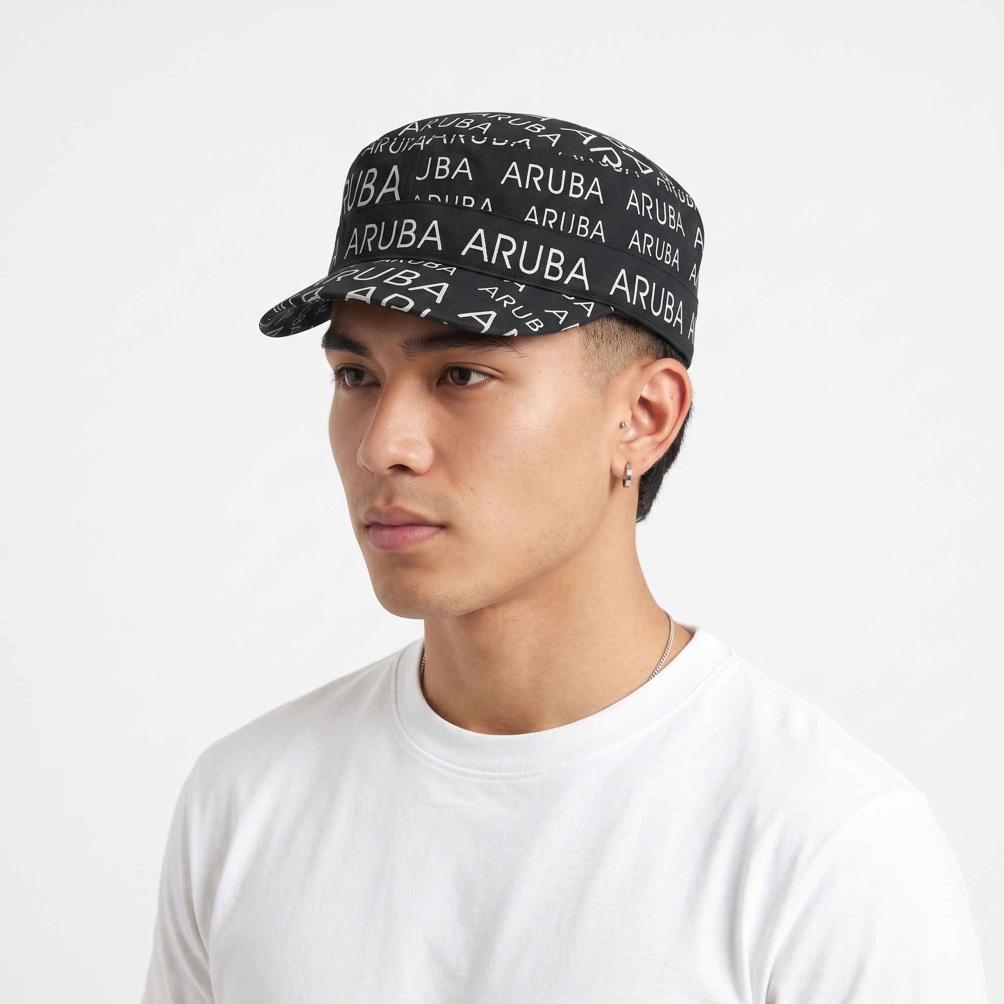 Vintage Robin Ruth Aruba Cadet Hat | Thrifted Black All-Over Print Military Cap