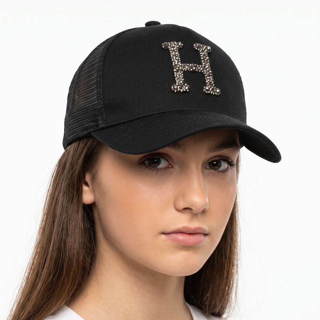 Thrifted Black Crystal "H" Logo Trucker Hat | House Brand Mesh Snapback