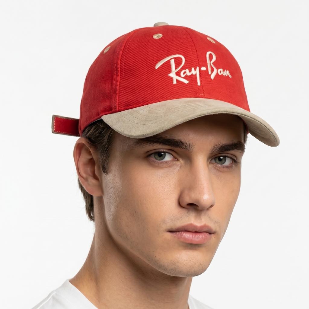 Thrifted Ray-Ban Spellout Logo Red Dad Hat with Suede Brim