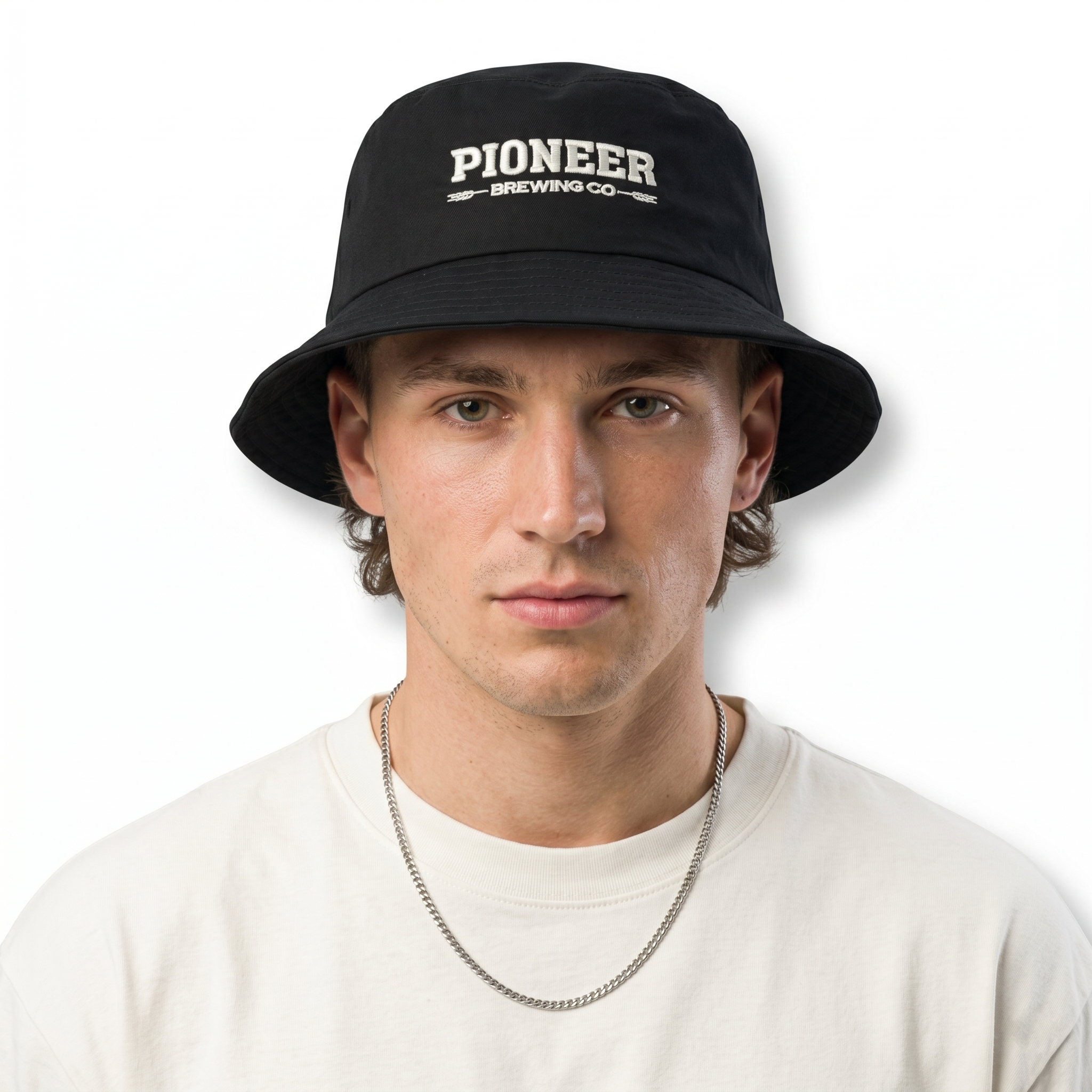 Retro Pioneer Brewing Company Casual Bucket Hat | Thrifted Black Cap 58-59cm