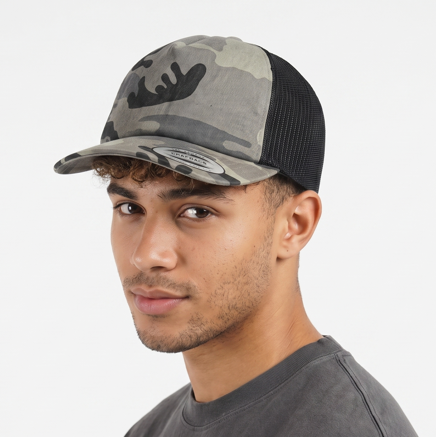 Thrifted Yupoong Grey Camouflage Black Mesh Trucker Hat