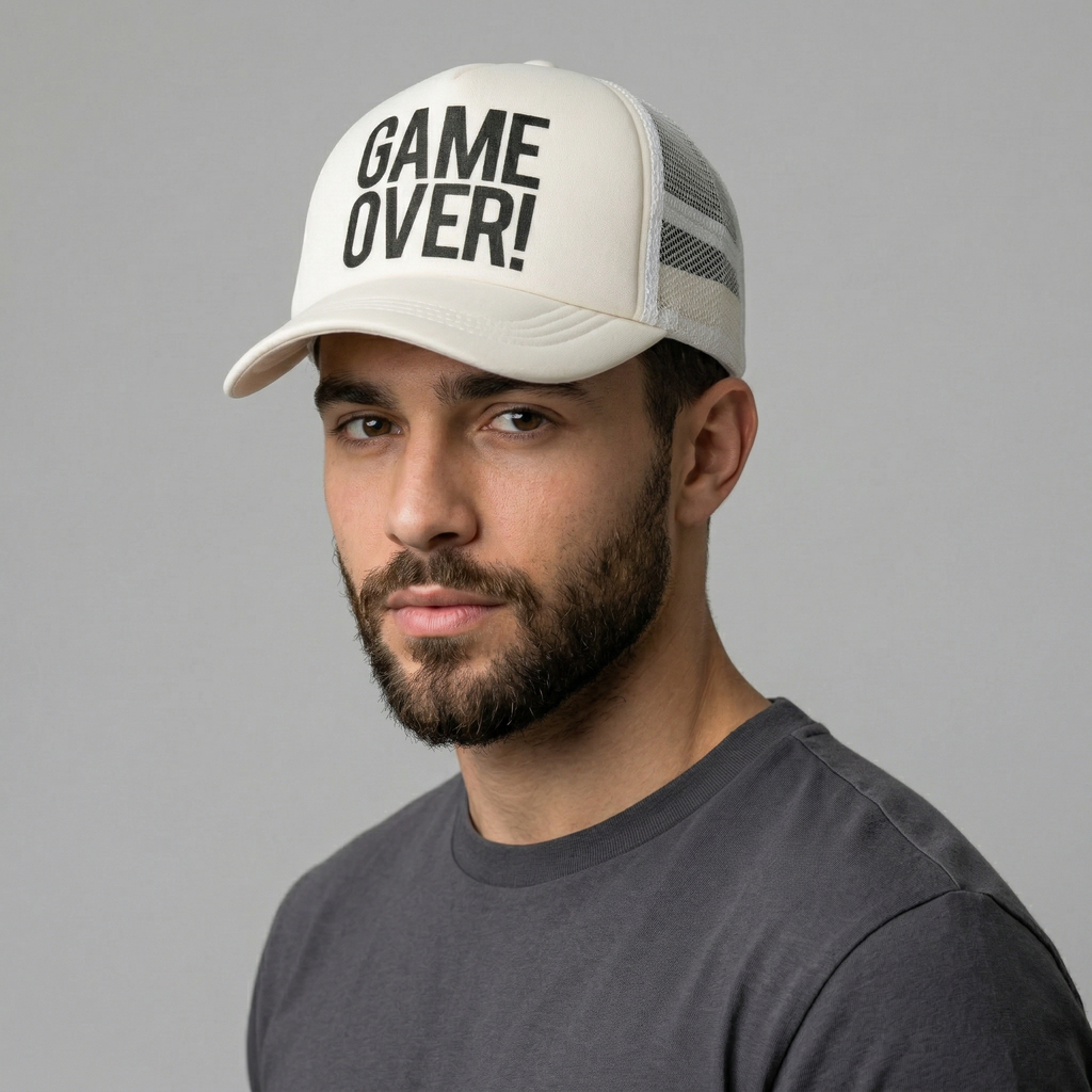 Game Over Graphic Trucker Hat - Off-White Mesh Snapback Cap
