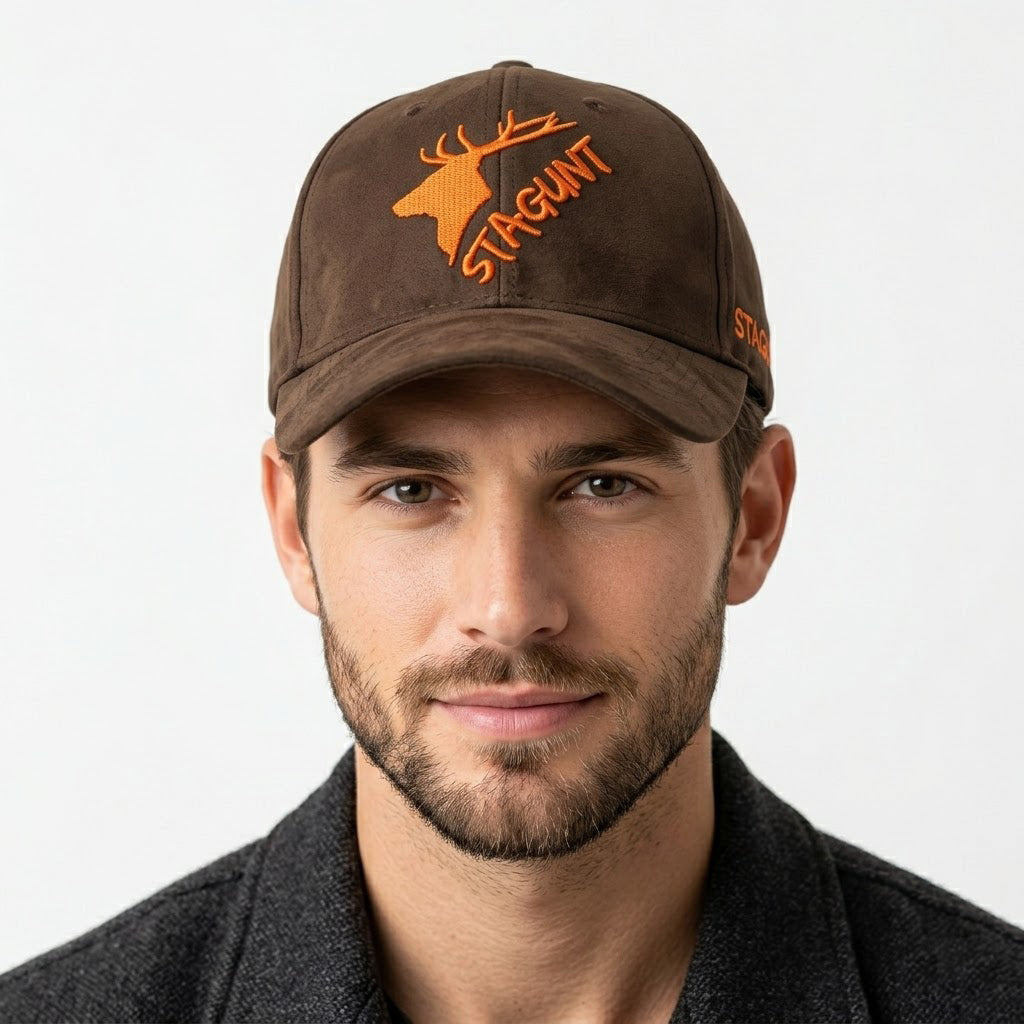 Stagunt Brown Faux Suede Hunting Thrifted Cap - Orange Embroidery - Size 56-58cm