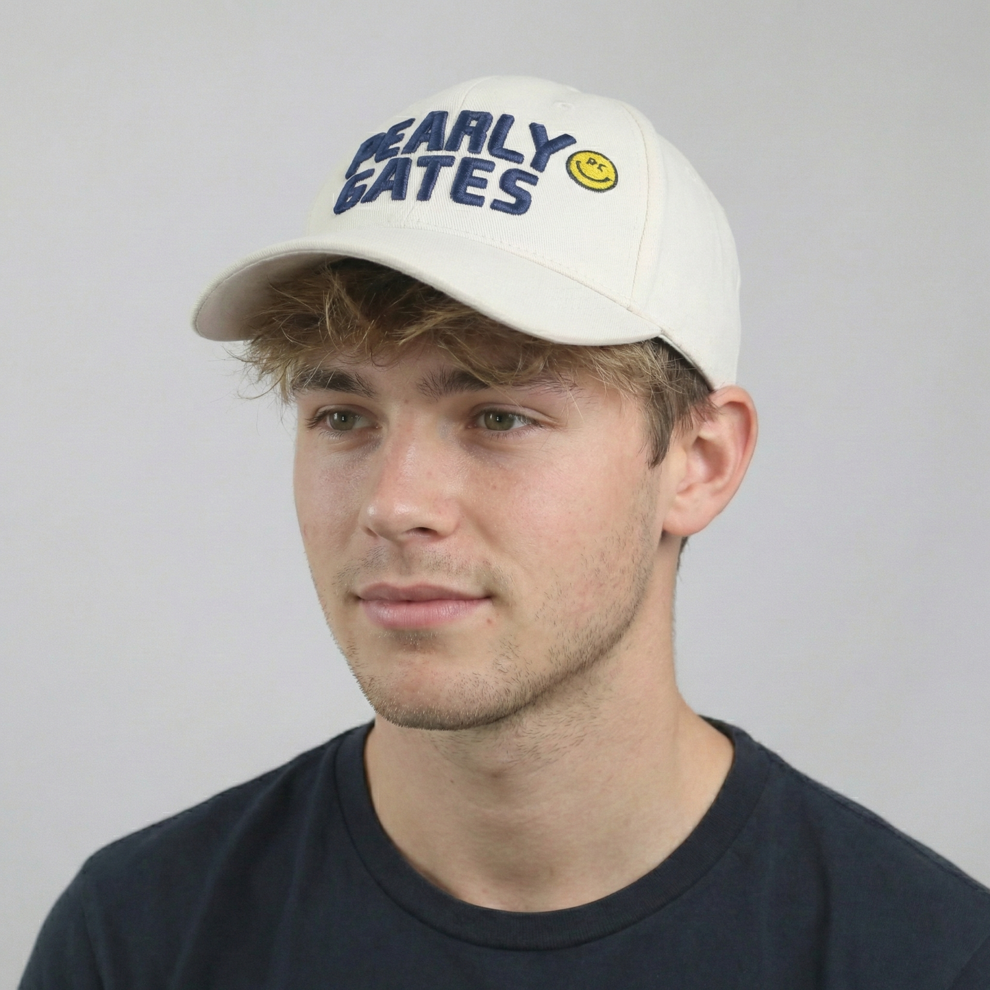 Pearly Gates White Cotton Golf Thrifted Cap - Navy Blue Embroidered Logo