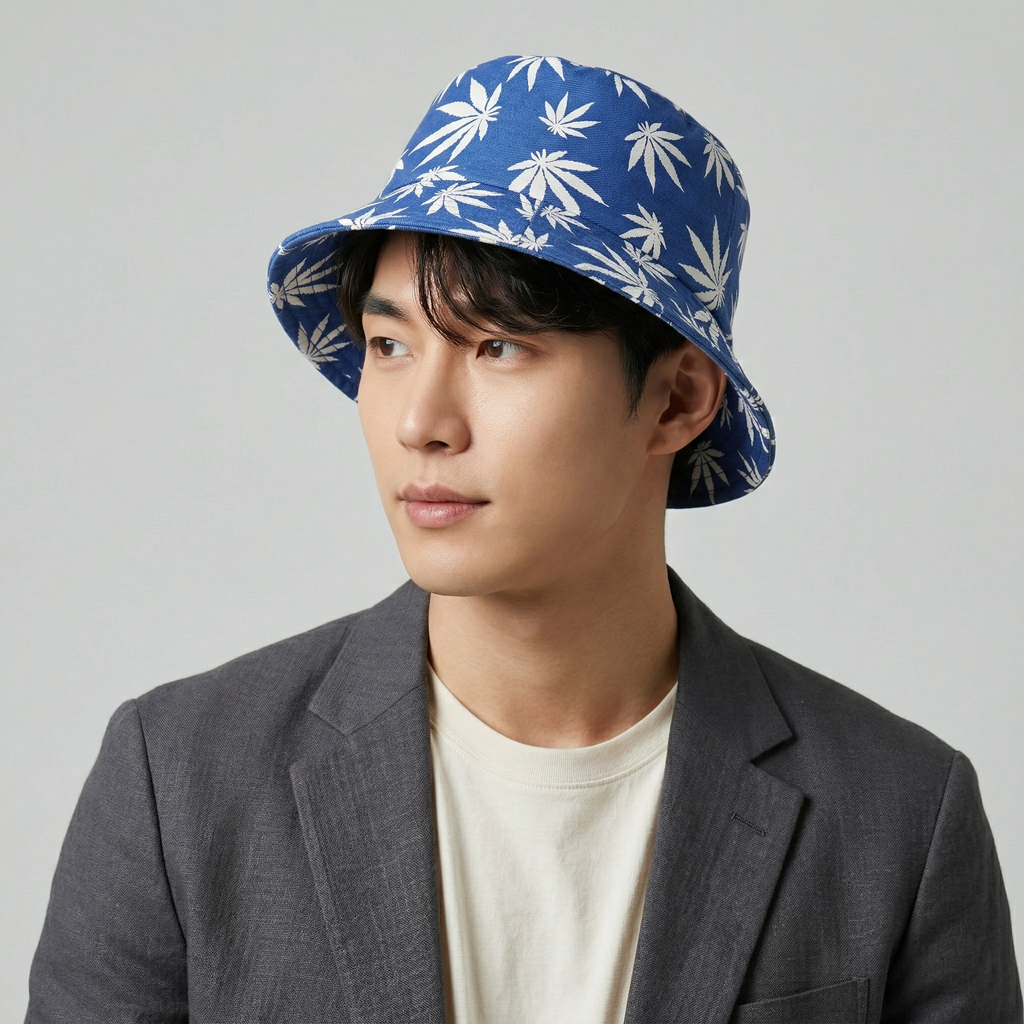 Reversible Blue Marijuana Leaf Bucket Hat - 2-in-1 Summer Festival Sun Hat