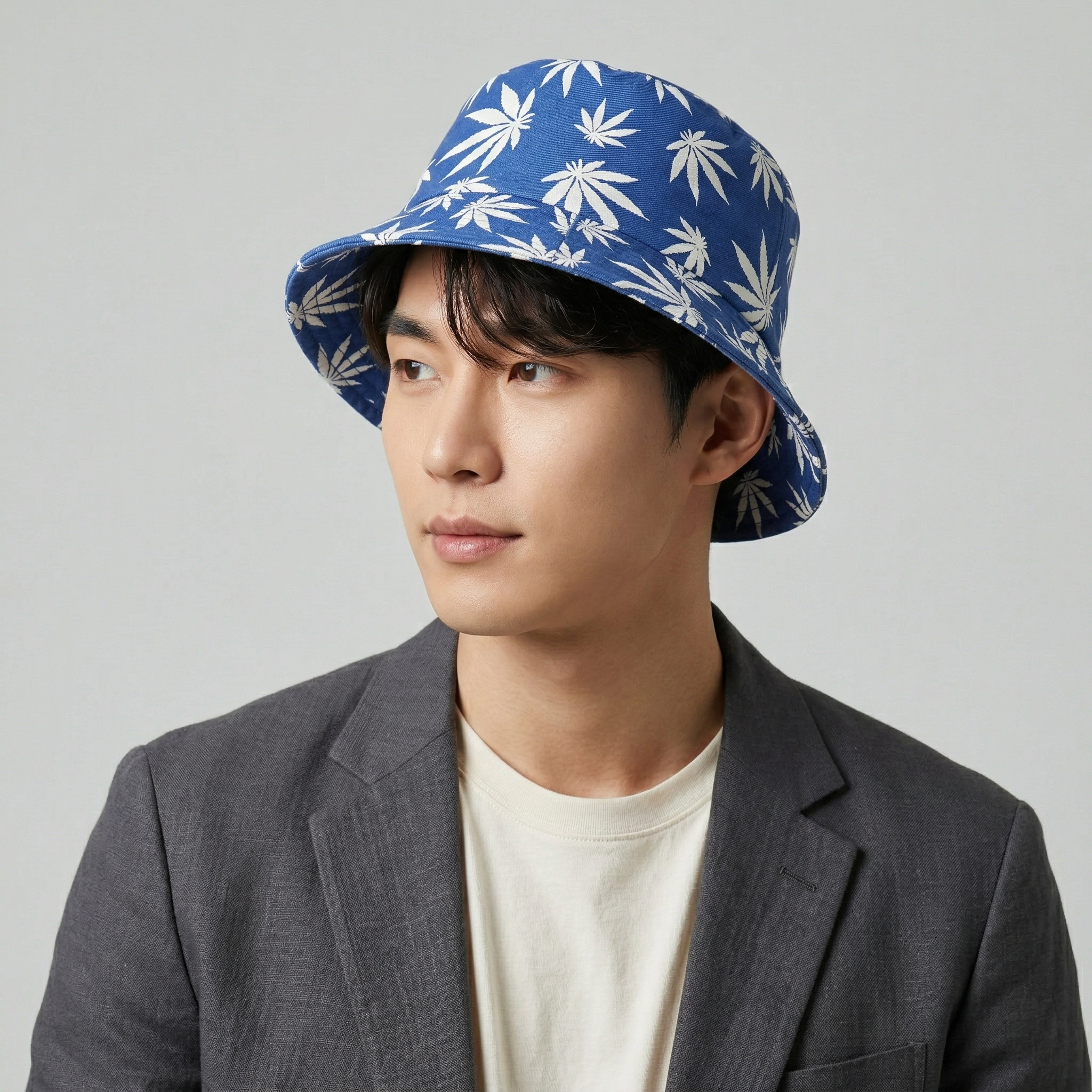 Reversible Blue Marijuana Leaf Bucket Hat - 2-in-1 Summer Festival Sun Hat