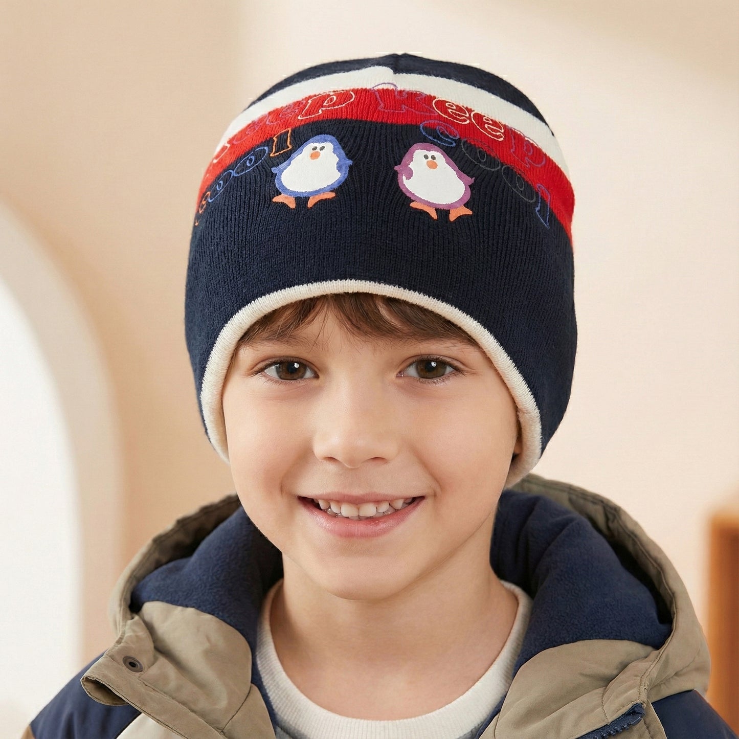 Kids Penguin Print Beanie | "Keep Cool" Graphic Winter Hat | Navy & Red Knit