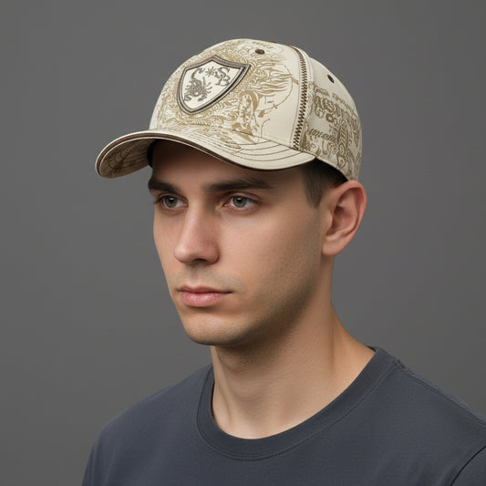 Scorpion Bay Vintage Graphic Thrifted Baseball Cap - Beige & Brown Biker Hat