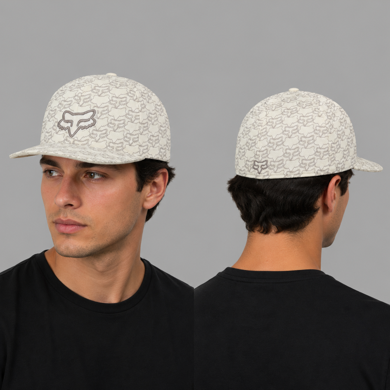 Fox Racing All-Over Print Logo Flat Brim Cap | Cream Monogram Fitted Hat